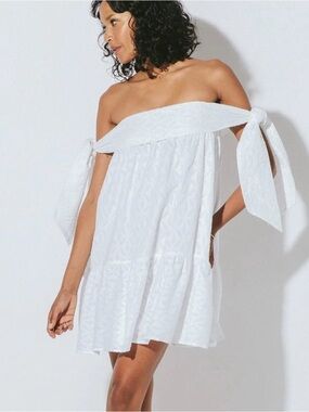 Cleobella Cara White Off-Shoulder Tie-Sleeve Mini Dress Size Small to Medium